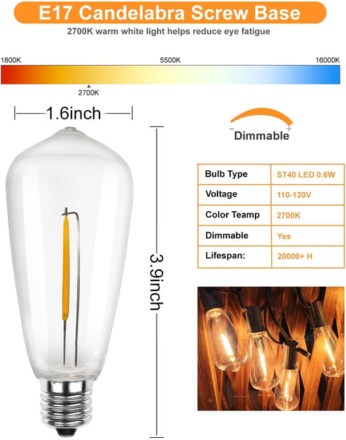 SUNSGNE 25Pack LED Edison Light Bulbs, 0.6 Watt Shatterproof Dimmable Replacement Bulbs ST40 E17 Clear Plastic LED Light Bulbs for Outdoor Patio String Lights, E17/C9 Intermediate Base, Warm White by SUNSGNE