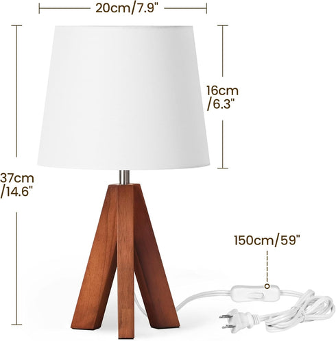 Set 2, LW51TLP205 Small Tripod Table Lamps of Modern Nightstand Lamp with Fabric Shade, Boho Bedside Wood Desk Light