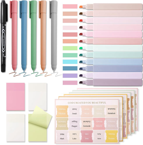 XKDOUS 28 Pcs Bible Journaling Kit, Morandi Colored Bible Study Supplies, 12 Pastel Highlighters and 90 Bible Tabs