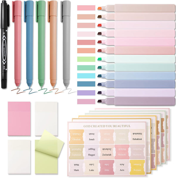 XKDOUS 28 Pcs Bible Journaling Kit, Morandi Colored Bible Study Supplies, 12 Pastel Highlighters and 90 Bible Tabs