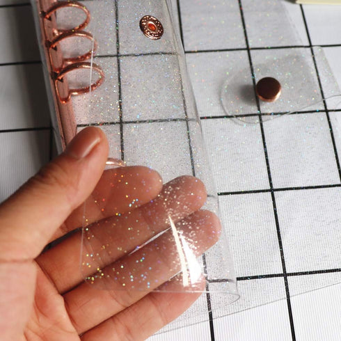 Personal A6 Glitter PVC Binder Cover, Clear Soft PVC Notebook Shell, 6 Rose Gold Round Rings