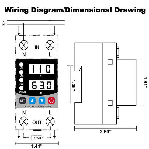 Smart Circuit Breaker with Energy Monitoring, Adjustable 1-63 Amp AC110V DC85-300V Over/Under Voltage Protection