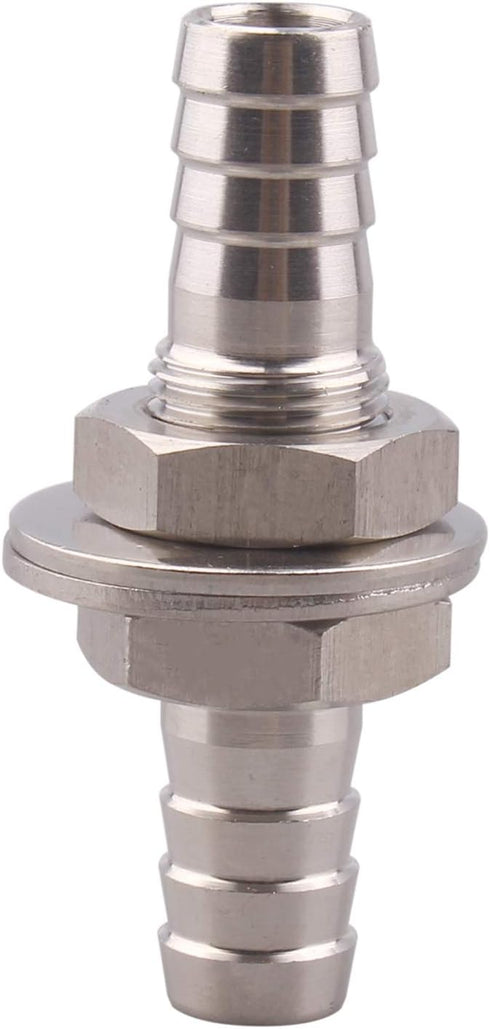 Stainless Steel 3/8" Hose Barb, Hex Bulkhead Straight Fitting, Barbed Thru-Bulk Head