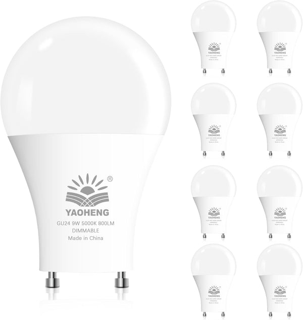 GU24 LED Light Bulb, A19 Shape, 9W (60W Equivalent), 5000K Daylight, 800 Lumens, Dimmable, 8-Pack