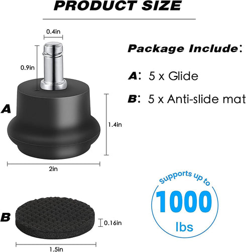 Bell Glides Replacement Office Chair Caster Wheels, Fixed Stationary Castors with Self Adhesive Felt Pads