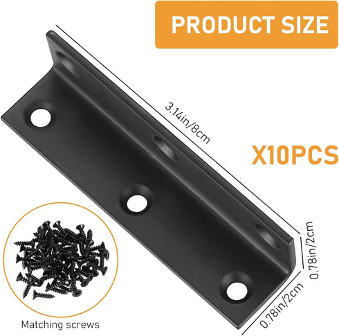 Xingwenhao 10pcs 3.15x0.78x0.78 L Brackets, Corner Braces Heavy Duty, Black L Shaped Shelf Brackets, Right Angle Corner