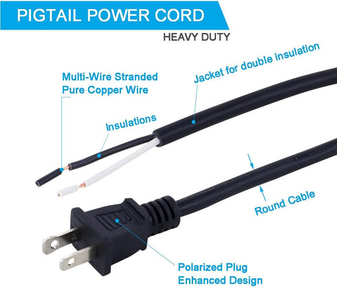 18AWG Replacement Power Cord, Round Cable 2 Prong Polarized Plug, 6 Foot Pigtail Black Cord