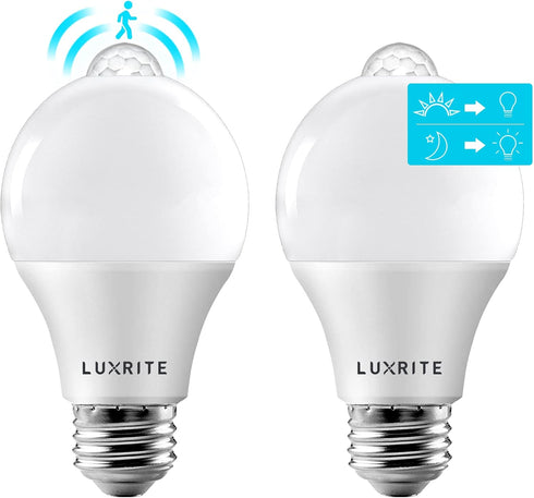 LUXRITE A19 LED Motion Sensor Light Bulbs, 60W Equivalent, Motion Activated Dusk to Dawn Sensor, 5000K Bright White, 2