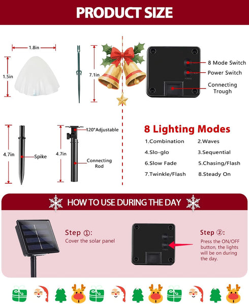 OZS 2PK 32LED 55FT 8 Red and White Christmas Decorations Mushroom Solar Lights, Christmas Lights Outdoor with Lighting