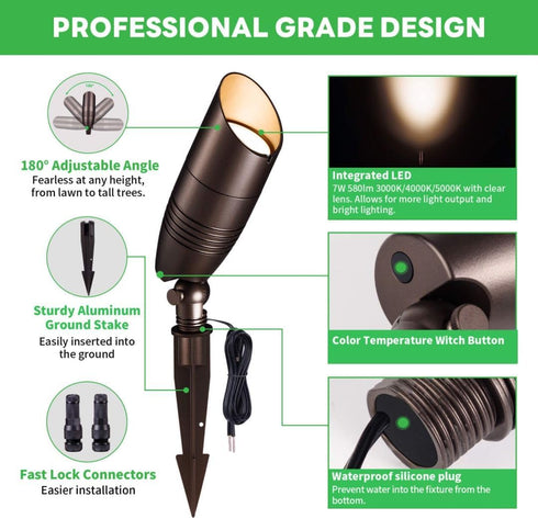 3CCT 3000K/4000K/5000K 12V IP65 Low Voltage Spotlight, Adjustable, Outdoor LED Landscape Lighting, Waterproof ORB