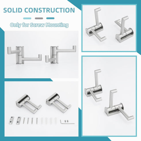 2 Pack, 304 Angle Simple Swivel Towel Double Hook Brushed Nickel Stainless Steel Bathroom Robe Hook