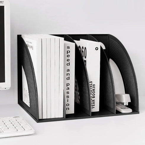 SAYEEC Sturdy Magazine Holder, 4 Compartments Plastic Desktop File Organizer for Document Storage (Black)