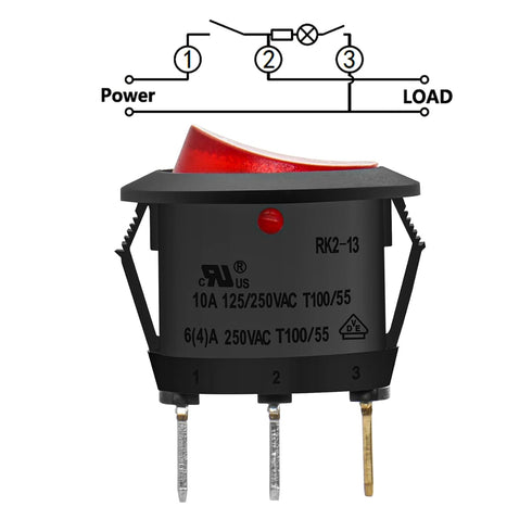 Round Rocker Switch ON-Off SPST, 3 Terminals Red Light, 10A 250VAC, 5 Pack.