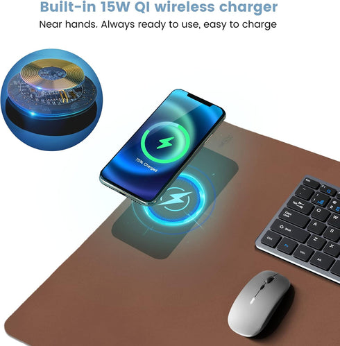 Desk Mat with Wireless Charging, Large Mouse Pad 32x16, Waterproof Black Leather Computer Mat, Non-Slip Protector for