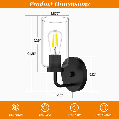 1-Light Zevluck Wall Sconce, Modern Wall Light Fixtures with Clear Glass Shade, Matte Black Bathroom Vanity Light