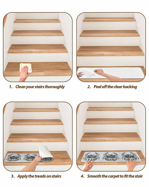 BOHOOSKYLAR 4 8"x30" Farmhouse Watercolor Stair Treads Crab Ocean Marine Life Wood Grain Indoor Non Slip Peel and Stick