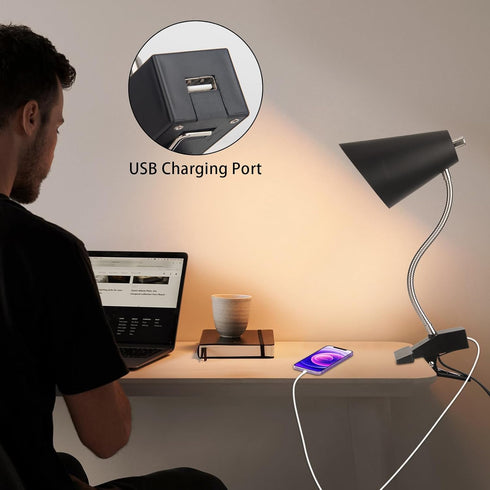 1 360Rotation LED Clip on Desk Lamp with USB Charging Port, Portable Gooseneck Clip on Lamp, Clamp Light Modern Table
