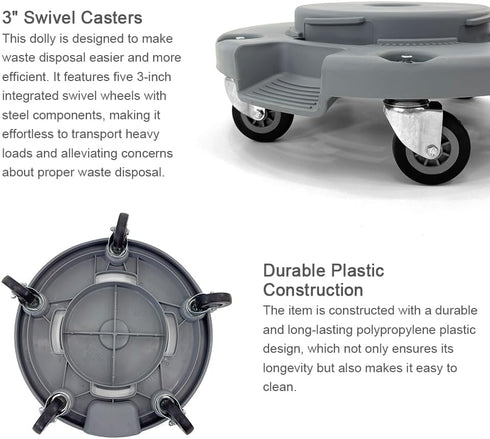 5 460 Lb. Trash Can Dolly | Heavy-Duty Plastic | Casters | Foot Stabilizer | Capacity