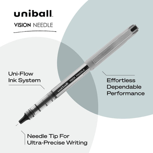 uniball Vision Needle Roller Ball Pen, Stick, Fine 0.7mm, Black Ink, Silver Barrel, Dozen