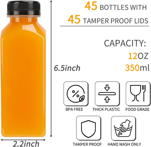 45pcs 12oz TOMNK Juice Bottles, Reusable Juice Bottles with Caps and Labels, Funnel, Brush Beverage Containers