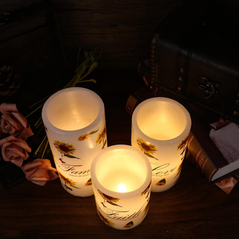 6H Set 3 Decor(3 4,5,6 Inches) Sunflower Flameless Flickering Candles with Timer, of Battery Operated White Real Wax