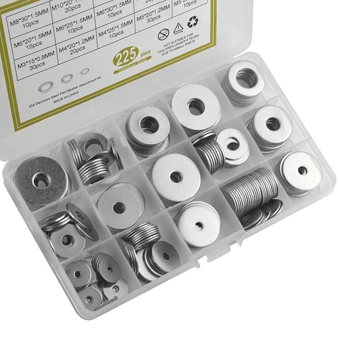 XINGYHENG 225pcs 7 Kinds 304 Stainless Steel Flat Washers Assortment Kit for Home Decoration & Repair
