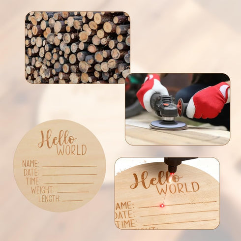 6PCS Hello World Wooden Birth Announcement Disc, Premium Birch Wood Round Plaque with Deep Etched Lettering, Newborn