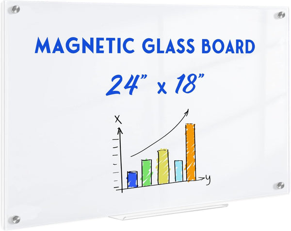 Magnetic Glass Whiteboard 24" x 18", Frameless Dry Erase Board with 1 Marker Tray and 3 Magnets for Office Home