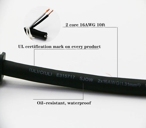 10 Feet Power Tool Cord Replacement,2 Prong 16AWG Oil Resistant Waterproof Rubber Flexible Cord (3.1Meters,Black) (16A2Prong)