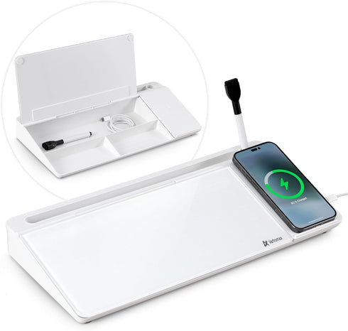 Varhomax Glass Desk Whiteboard with Wireless Charger, Desktop Dry Erase Board with Storage, Memo Notepad for Home Office
