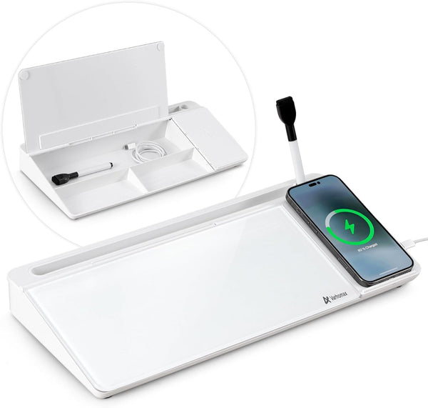 Varhomax Glass Desk Whiteboard with Wireless Charger, Desktop Dry Erase Board with Storage, Memo Notepad for Home Office