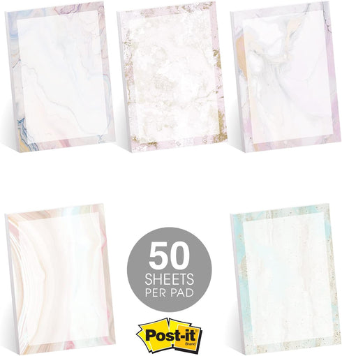 Marble Quartz Sticky Note Pads, 4" x 6" Repositionable Sticky Notes, 5 Elegant Designs, 50 Sheets Per Pad, Set of 5,