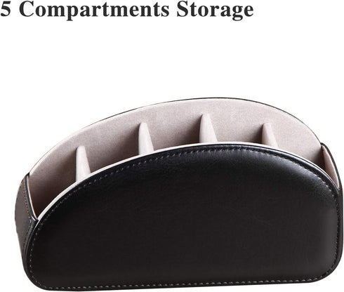 5 All-in-One Leather TV Remote Control Holder Black with Compartments Nightstand Desktop DVD Media Player Remote Caddy