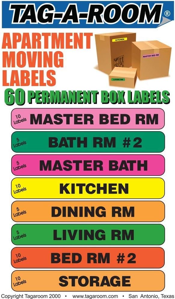 Tag-A-Room Home Moving Labels, Color Coded Packing Stickers (60 Apartment)