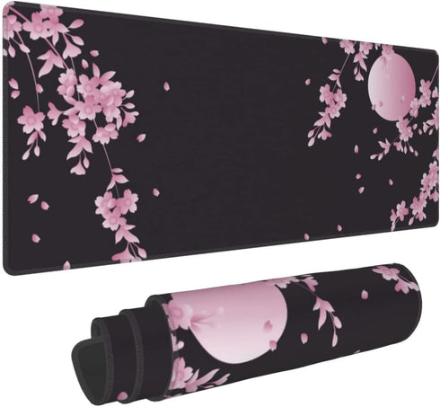 Sakura Cherry Blossom Large Gaming Mouse Pad 31.5x11.8in, Non-Slip Rubber Base, Waterproof Flower Design for Office/Game