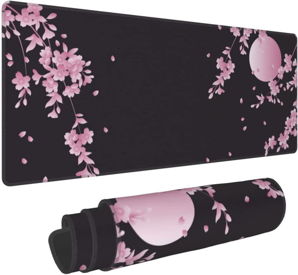Sakura Cherry Blossom Large Gaming Mouse Pad 31.5x11.8in, Non-Slip Rubber Base, Waterproof Flower Design for Office/Game