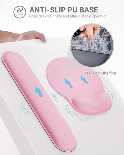 Ergonomic Mouse Pad Wrist Support Set, Memory Foam Keyboard Rest, Non-Slip Base Mousepad, Pink Set