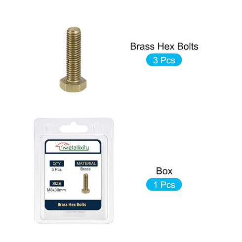 METALLIXITY Hex Head Screw Bolt (M8-1.25x30mm) - 3Pcs Brass Fully Threaded Solid Brass Hex Bolts for Machinery Repair