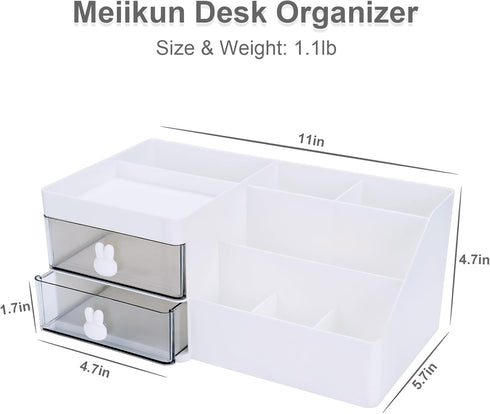 Desk Organizer, Makeup Organizer with 2 Drawer, 7 Compartment & a Top Tray, Desktop Organizers and Storage for Women, Cute Home organization Bathroom, 11" x 5.7" x 4.7" (White) by Meiikun