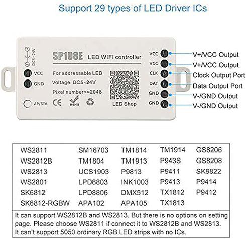 SP108E DC5V/12V/24V WS2812B WS2811 WS2815 WS2801 SK6812-RGBW WS2813 SK9822 RGBZONE WiFi LED Controller, Smart APP