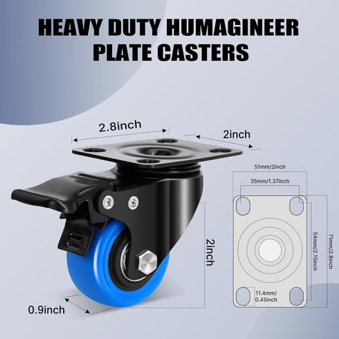 2 Inch Casters Wheel Set of 4, 600 Lbs Heavy Duty Casters, Safety Swivel Casters with Brake, No Noise Top Plate Wheels for Furniture, Carts (Free Screws and 1 Screwdriver)