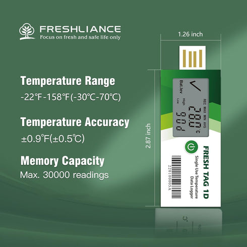Freshliance Temperature Data Logger LCD Single Use with PDF Report, 7 Days, 1 Pack