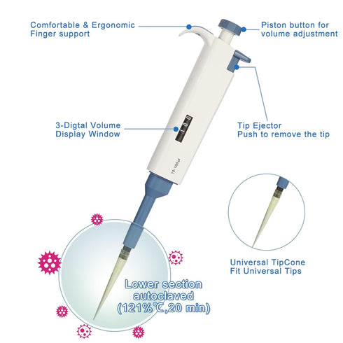 10-100ul Single-Channel Adjustable Pipettes, Manual Micropipette for Laboratory, High Accuracy