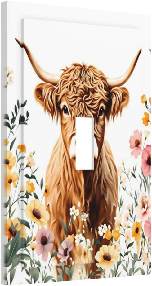 HTSAHKV 3 5 Inch Cute Highland Cow Flower Wall Plate Light Switch Cover Single Gang Outlet Faceplate Print Plate Cover