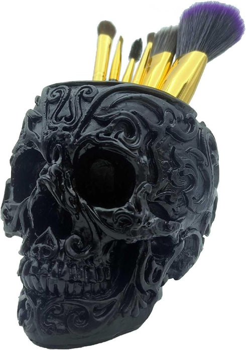 CUZOKOLA Goth Accessories - Black Skull Decor Pen Holder with Strong Resin for Vanity, Office Organizer, Skull Planter