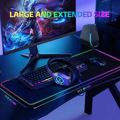 RGB Gaming Mouse Pad, Large 31.5X11.8 in Desk Mat with 13 Colors LED Light, Non-Slip Rubber Base with Waterproof Coating