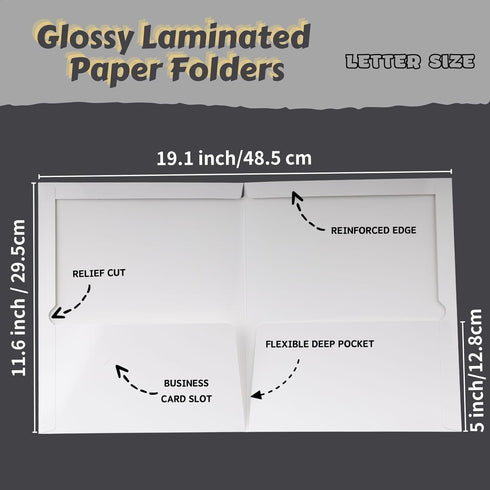 Two-Pocket Folders, White Glossy Laminated Paper Folder, Letter Size, Holds 100 Sheets, Box of 50