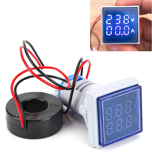 LED Display Voltmeter, Voltage Tester Current Detector, AC 50-500V, 0-100A, Round 22mm, Square Blue