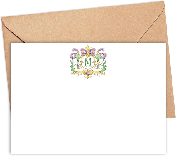 Designing Moments Custom Mardi Crest Monogram Flat Cards, Watercolor Mardi Gras Green and Purple