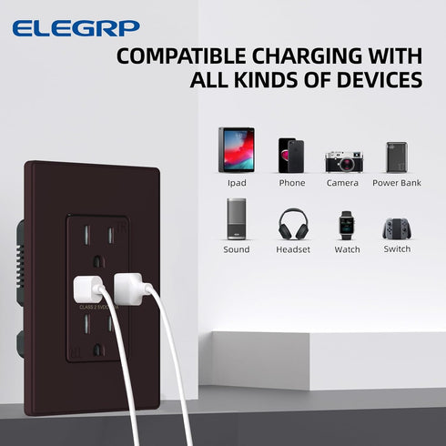 ELEGRP USB Charger Wall Outlet, USB Receptacle with USB A & USB C Ports, 15 Amp Duplex, Matte Brown